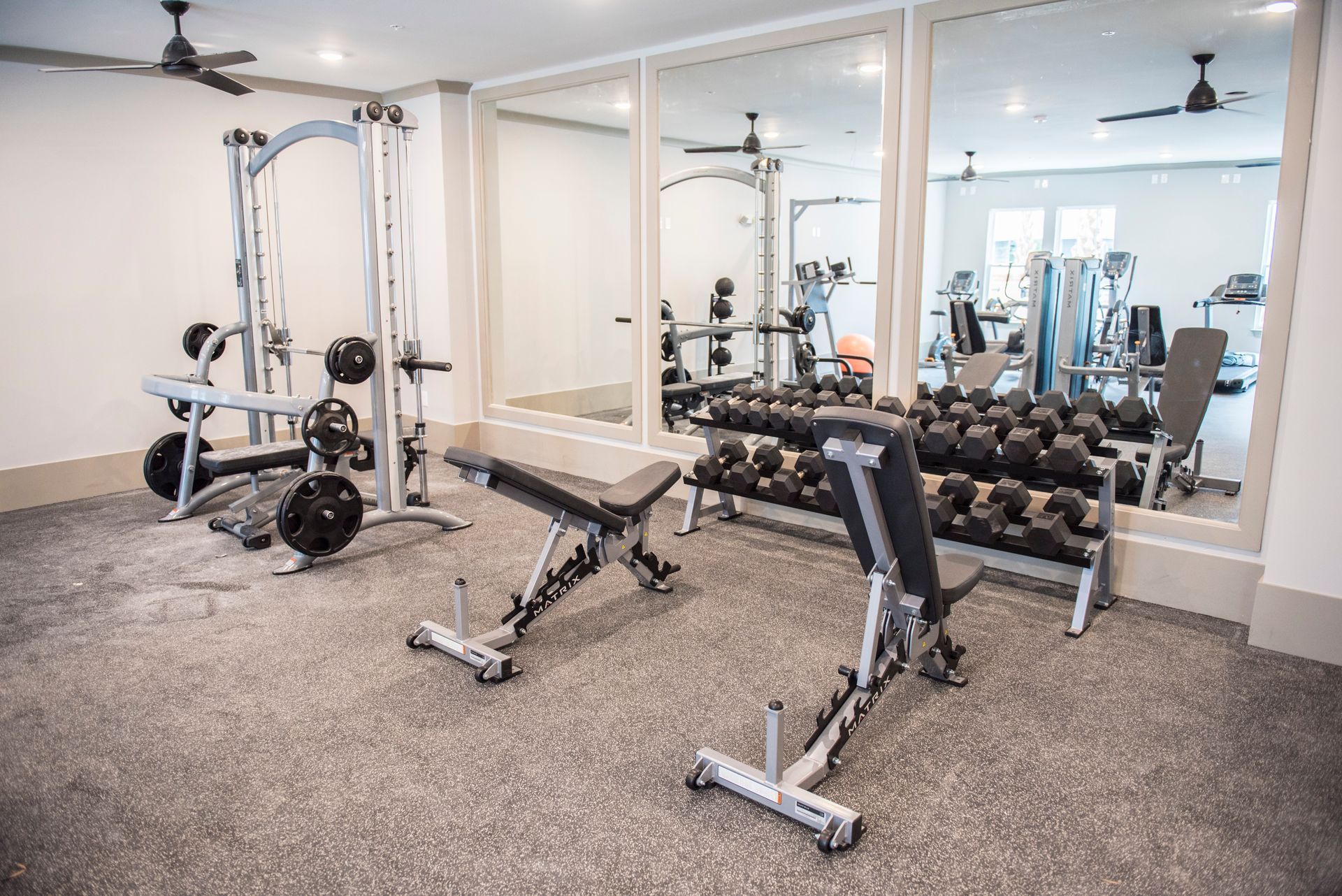 Gym with weight machines, dumbbells, and adjustable benches reflected in wall mirrors.
