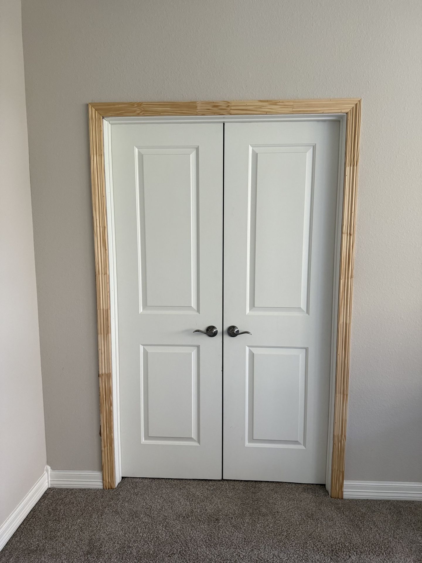 White double doors with dark handles and unfinished wood trim against a gray wall in a carpeted room.