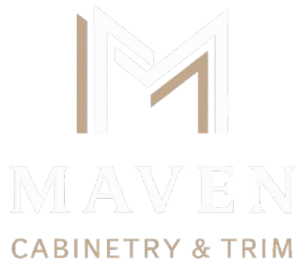 Logo for Maven Cabinetry & Trim featuring a stylized "M" icon in beige above the brand name in white and beige text.