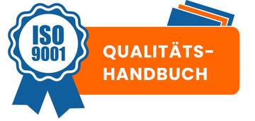 An iso 9001 quality handbook logo with a blue ribbon