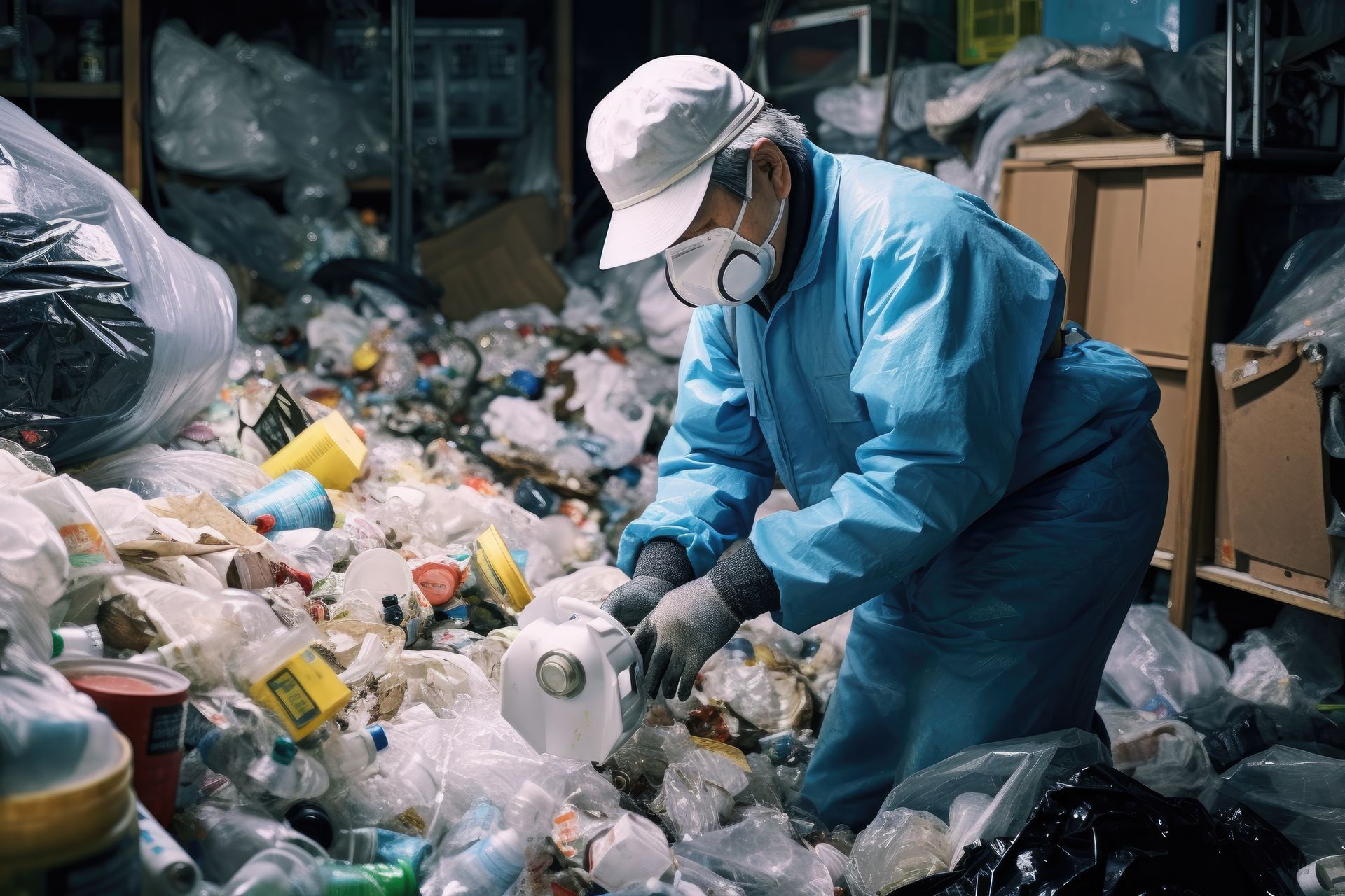 A man wearing a mask is standing in a pile of trash.