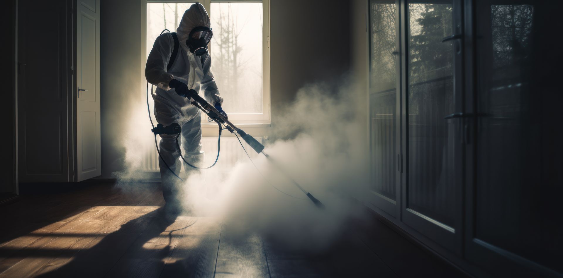 Ein Mann mit einer Gasmaske desinfiziert einen Raum mit einem Sprüher.