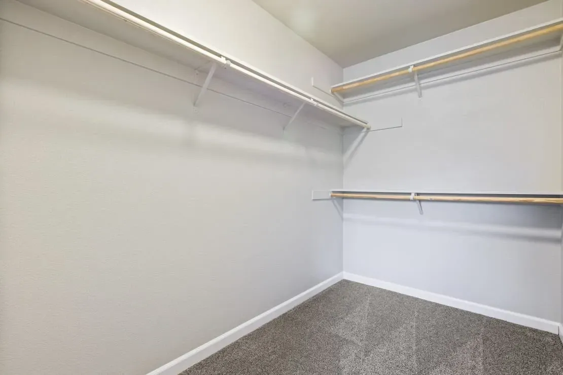 Empty walk-in closet with carpeted floor and multiple shelves and hanging rods.