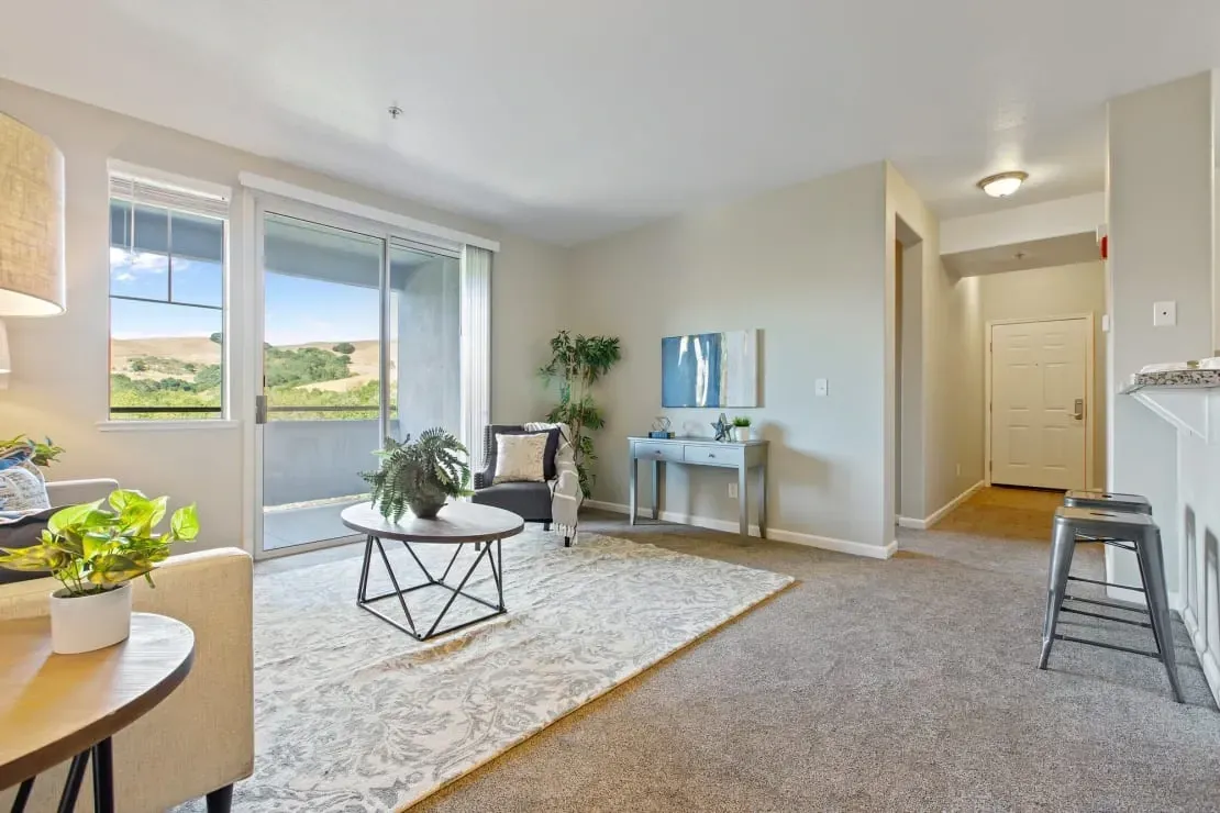 Living room with sliding glass door to balcony, coffee table, armchair, and entryway.