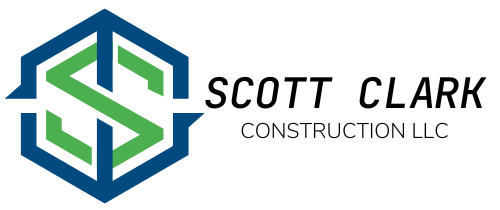 The logo for scott clark construction llc is blue and green.