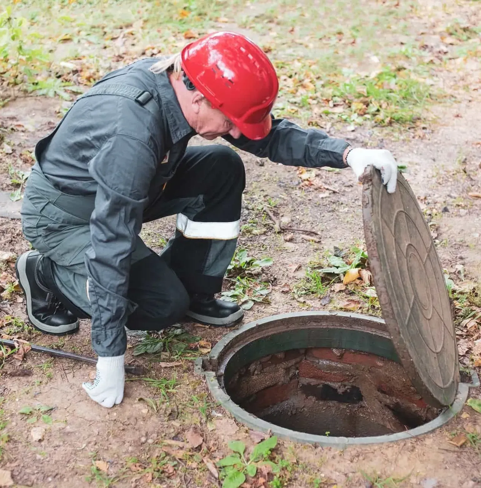 A man is kneeling down next to a manhole cover.