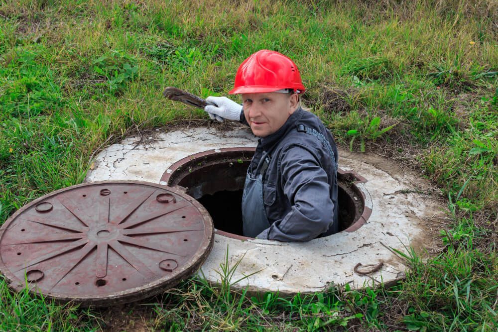A man in a red hard hat is coming out of a manhole cover.