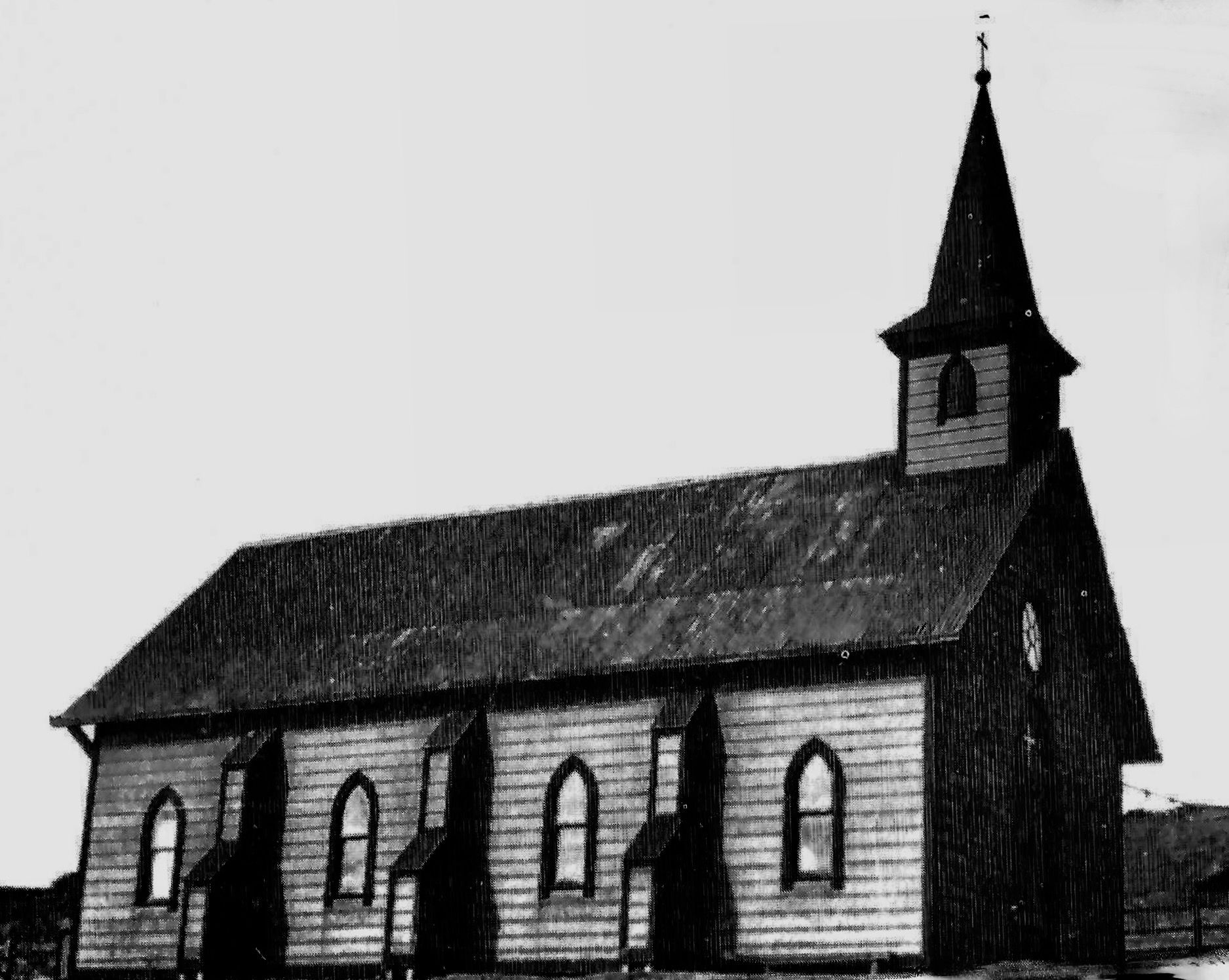 Black and white photo of original St. Catherine church