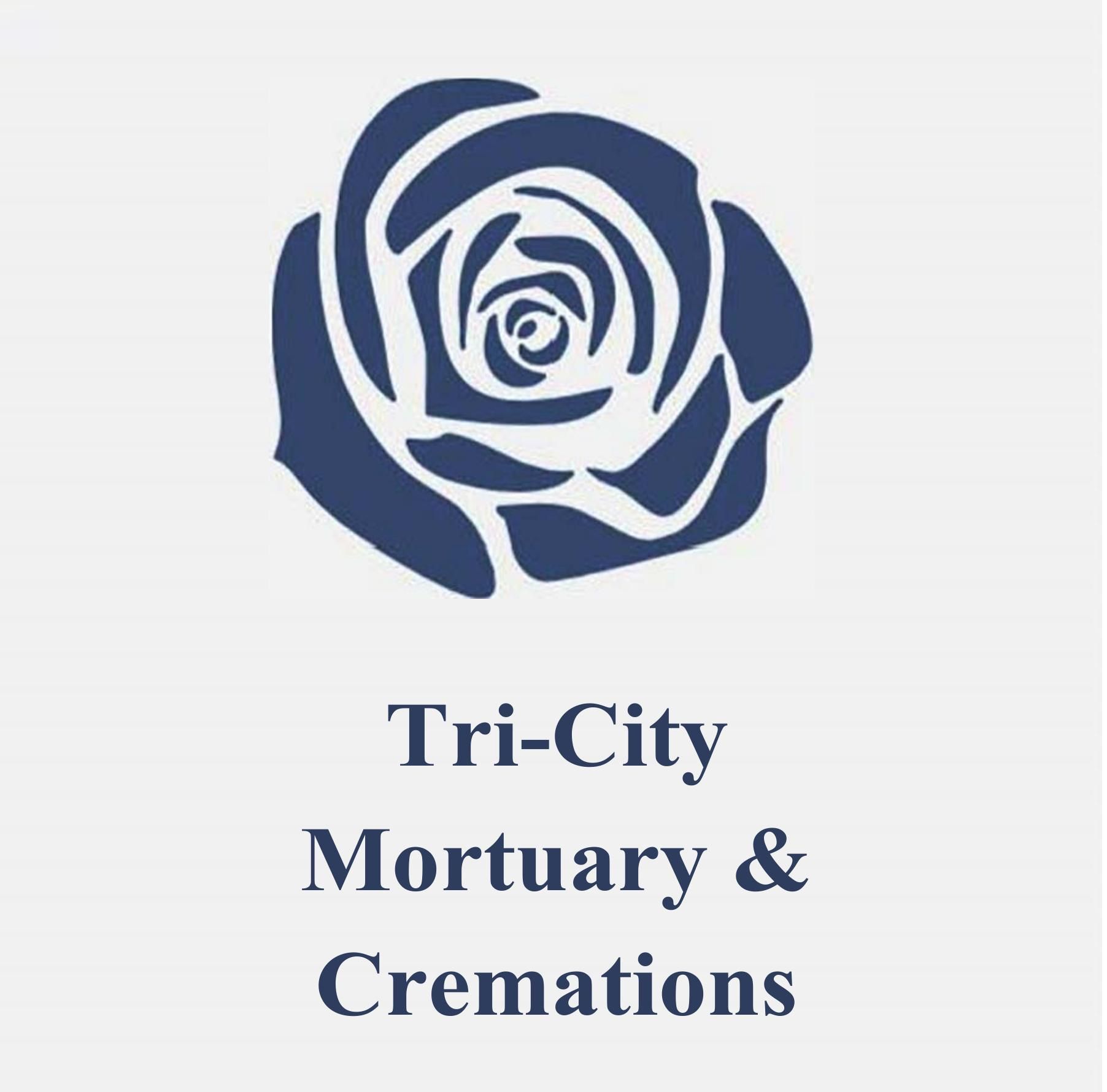 a logo for tri-city cremations with a blue rose on a white background .