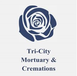 a logo for tri-city cremations with a blue rose on a white background .