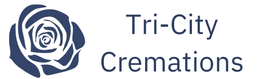 a logo for tri-city cremations with a blue rose on a white background .