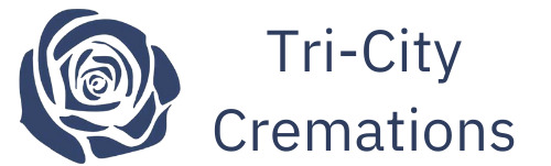 a logo for tri-city cremations with a blue rose on a white background .