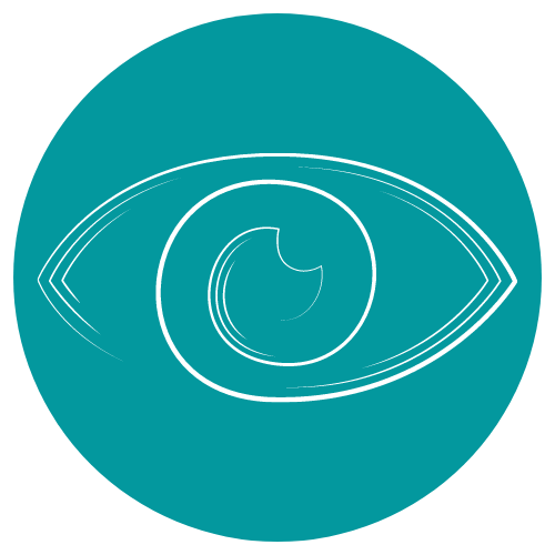 A drawing of an eye in a circle on a blue background.