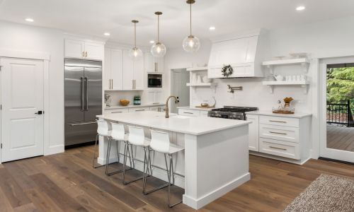 White kitchen with island, stainless steel appliances, pendant lights, and hardwood floors. White kitchen with island, stainless steel appliances, pendant lights, and hardwood floors.