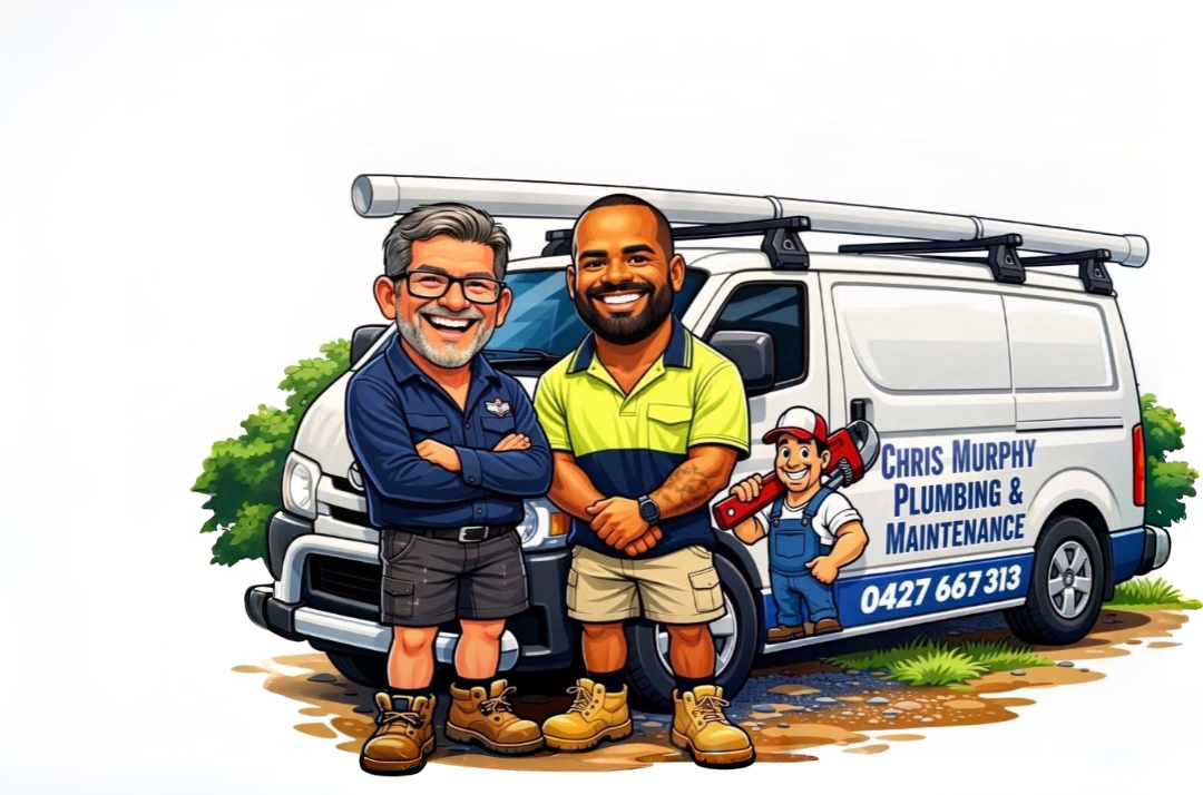 Two Smiling Men Stand Before a White Service Van — Chris Murphy Plumbing & Maintenance In Langley Vale, NSW