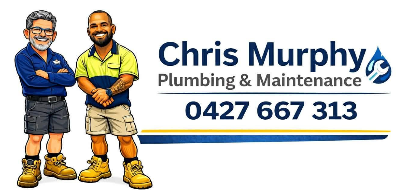 Plumber in Taree A logo for Chris Murphy Plumbing & Maintenance featuring two caricatured figures next to the business name and phone number.