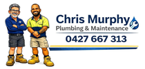 A logo for Chris Murphy Plumbing & Maintenance featuring two caricatured figures next to the business name and phone number.