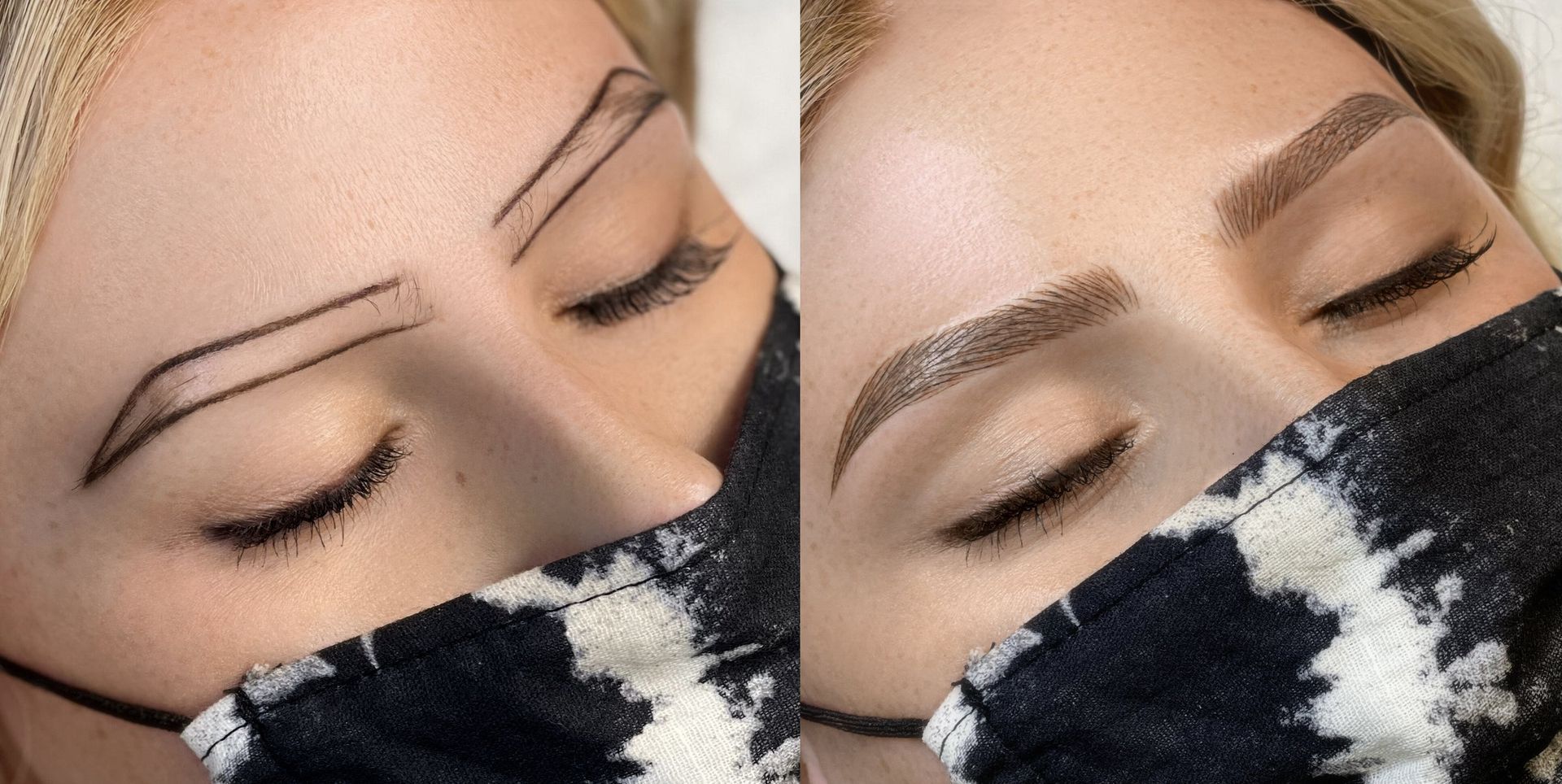 Before and after of a person's eyebrow microblading procedure. Black outline of eyebrows on left and finished product on right. Both show the eyes closed and wearing a black and white mask.
