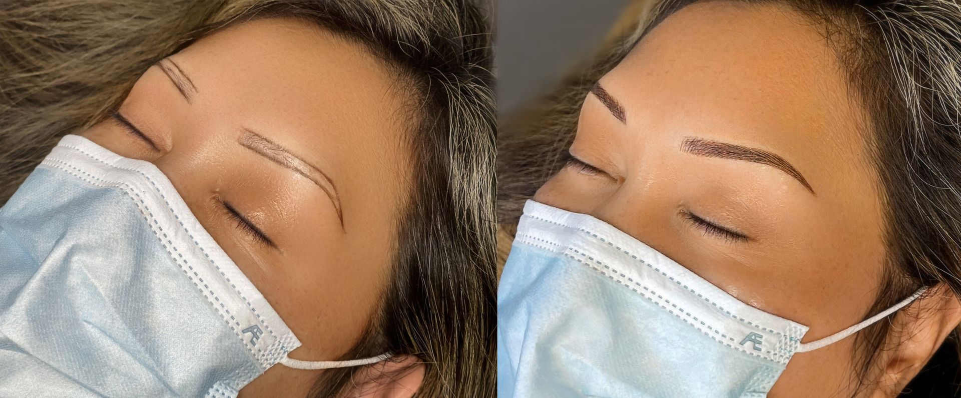 Two photos show a woman with her eyes closed and a medical mask on her face. Her eyebrows have a semi-permanent makeup treatment.