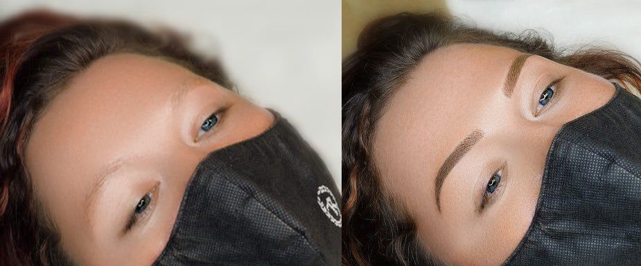 Before and after eyebrow microblading. A person with a black face mask has sparse eyebrows on the left, and filled-in, defined eyebrows on the right.
