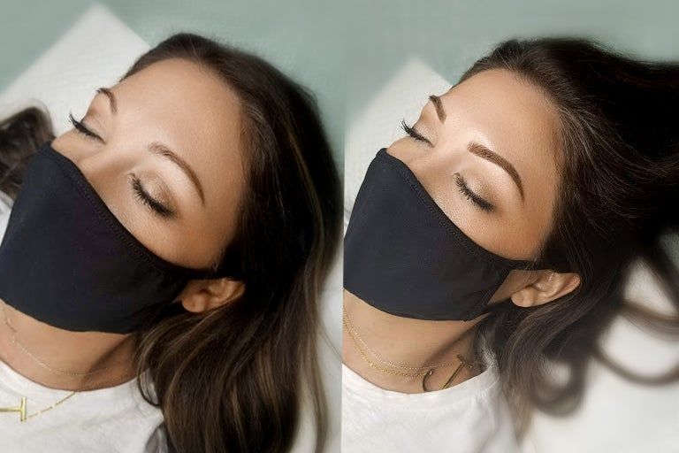 Two side-by-side photos of a woman wearing a black face mask, eyes closed. One photo shows her with makeup; the other without.
