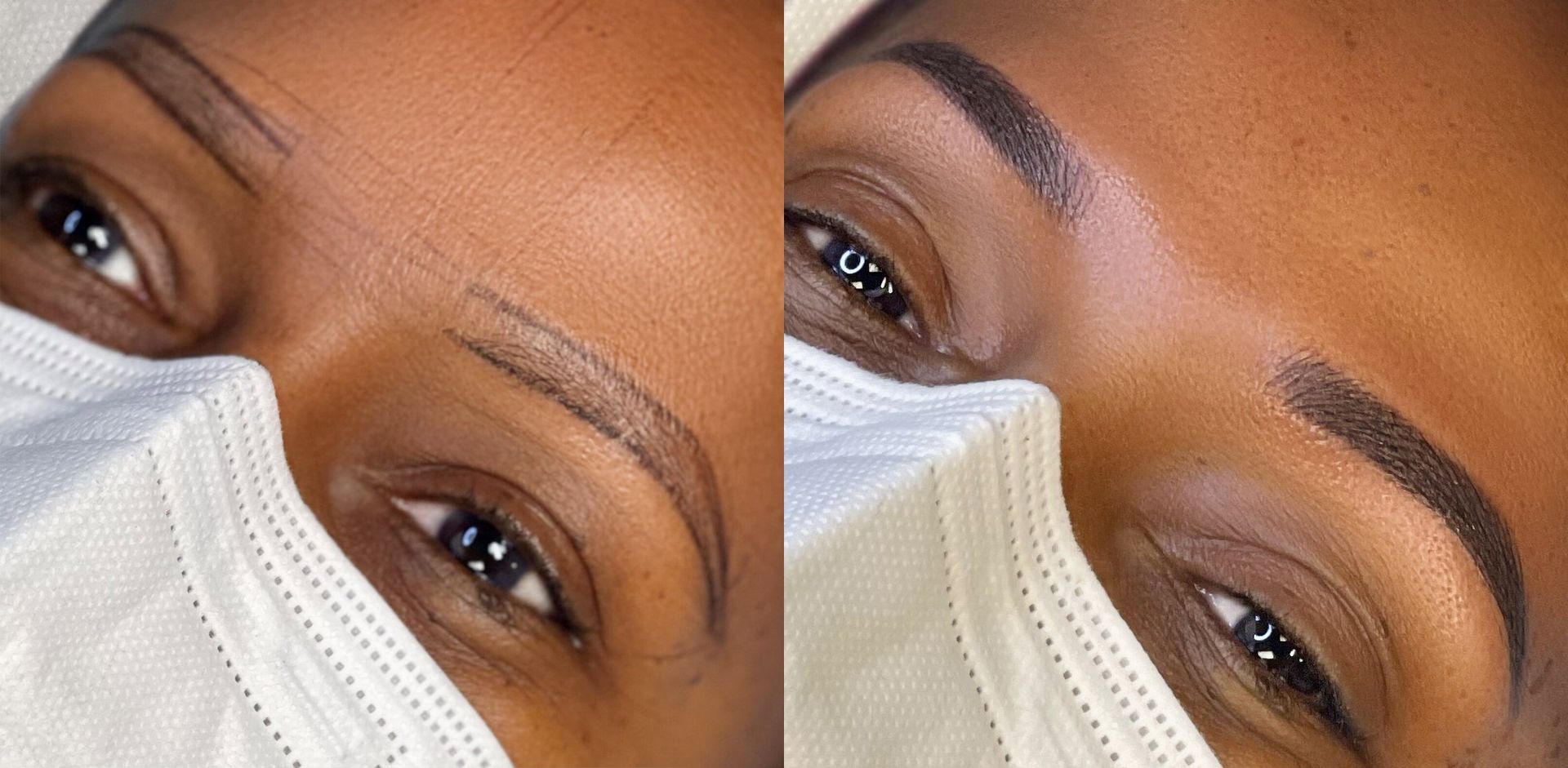 A side-by-side comparison of eyebrows: the left shows sparse, outlined brows, while the right shows the completed, filled-in result.