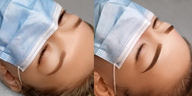 Two photos side-by-side show a person's face with closed eyes and a mask. The eyebrows in the right photo are darker and more defined.