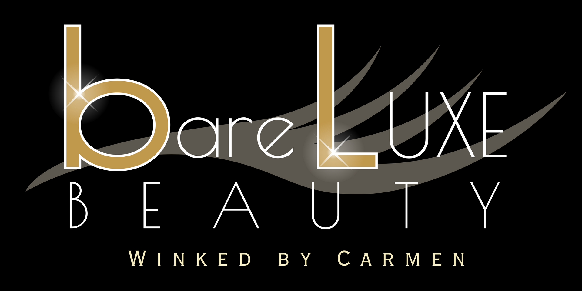 Bare Luxe Beauty logo with gold lettering, a lash-like design, and the tagline 