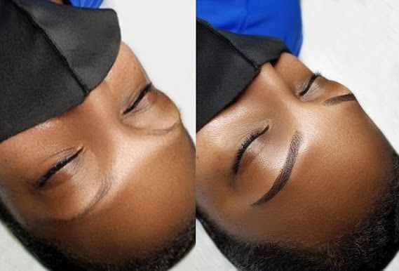 Before and after photos showing a person's eyebrows being shaped and filled with makeup, revealing defined arches and more fullness.