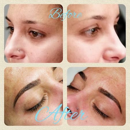 Before and after photos showcasing eyebrow microblading. The 