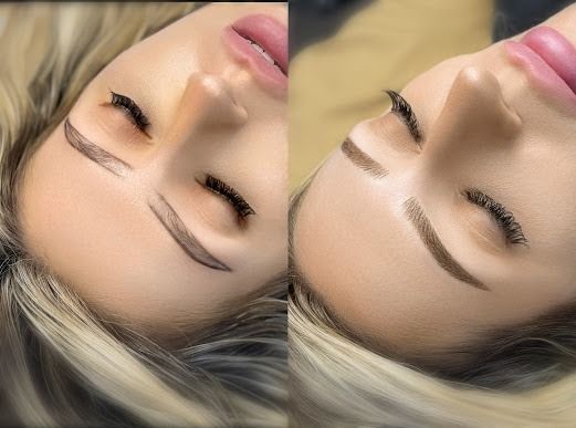 Before and after view of a woman's face, showing dark eyebrow microblading. Her eyes are closed, and she has full pink lips.