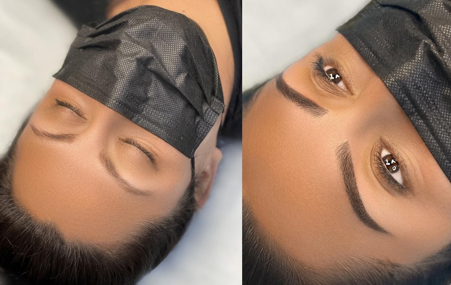 Before-and-after view of a person's eyebrows. One eye is closed with sparse brows. The other eye is open with full, dark, expertly-shaped brows.