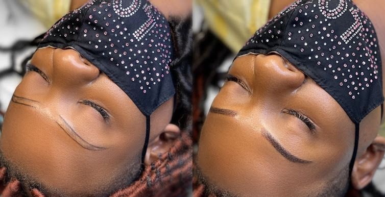 Two close-up views of a person's face with marked eyebrows, wearing a black head covering.