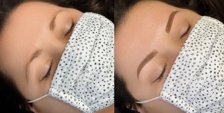 Before and after photos of a person's eyebrows, showing the transformation from sparse to filled-in and shaped, with the person wearing a patterned face mask.