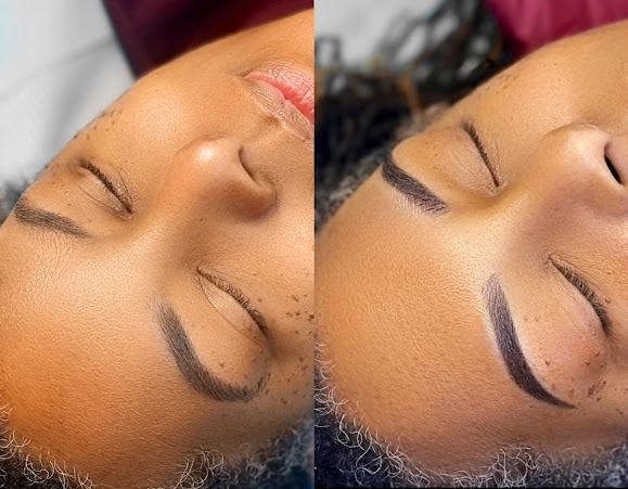 Two side-by-side photos comparing eyebrow shapes. One shows sparse brows, the other thicker, darker, and defined brows.