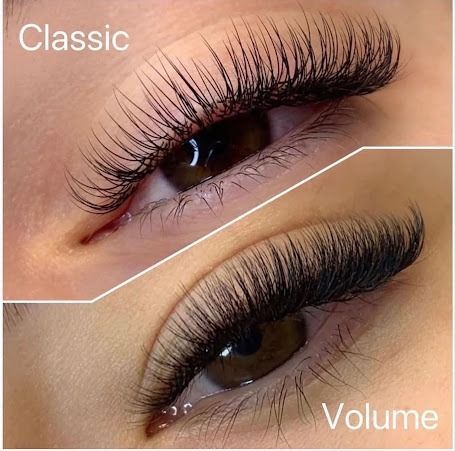 Comparison of two eye styles: Classic lashes are less dense, while volume lashes are fuller.