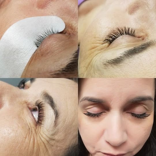 Four photos of a woman's eyes showing eyelash extensions being applied and the finished result.