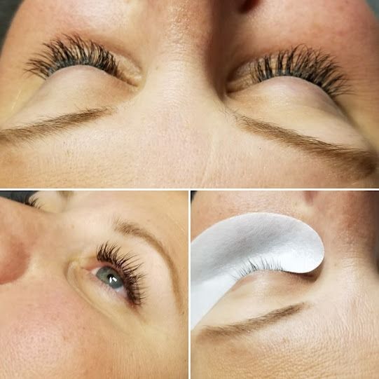 Close-up of a woman's eyes with long, dark eyelash extensions. Three angles showcase the lashes and application process.