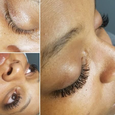 Close-up of a woman's face showcasing eyelash extensions. Views include closed and open eyes with dark, full lashes.