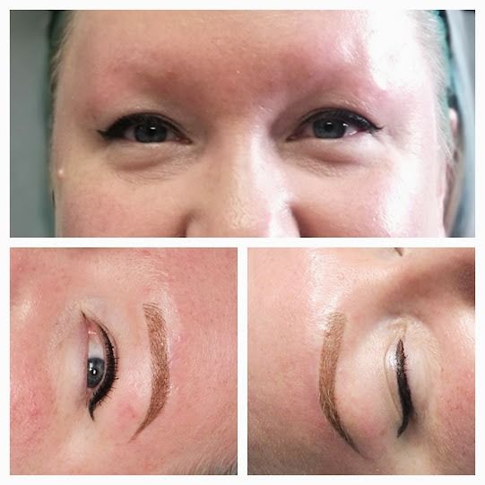 Close-up of a woman's face with eyeliner and freshly drawn eyebrows. Two side profile views show the eyebrow and eyeliner details.