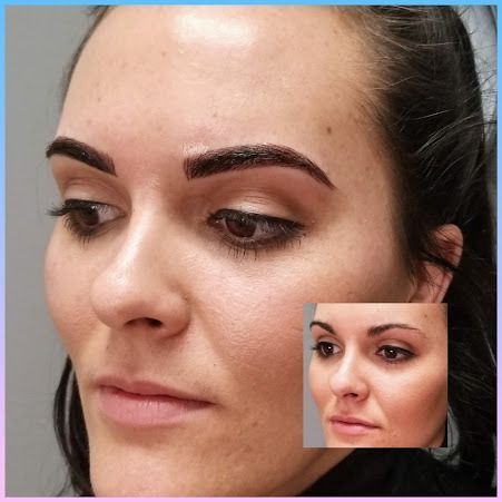 Woman with dark, filled-in eyebrows and a smaller, before photo inset. She has brown eyes and a neutral expression.