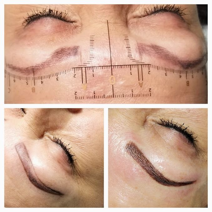 A person's face during eyebrow microblading. Stencil guides shape, with photos of completed brows.