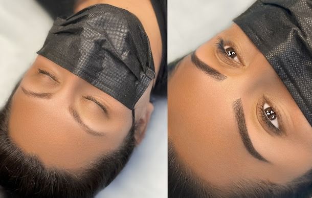 Comparison of two images showing eyebrows before and after a cosmetic procedure. The person is wearing a mask in the first image. In the second, the brows are filled and shaped.