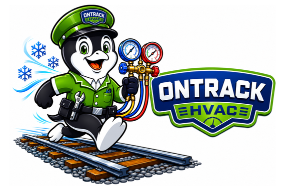 Ontrack HVAC logo with a cartoon penguin in a green jacket standing on train tracks holding gauges.