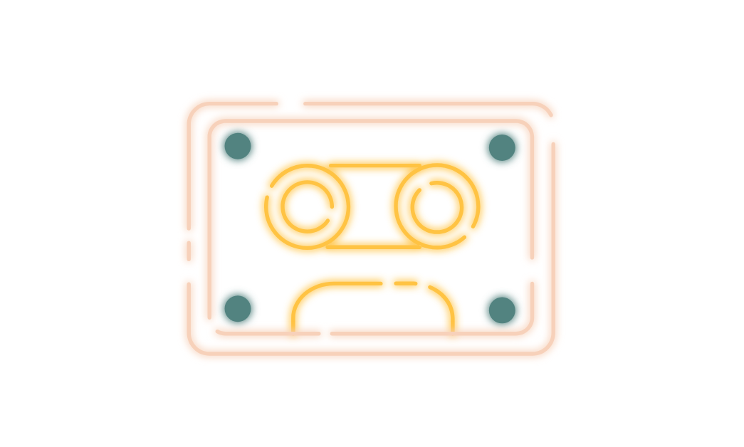Cassette tape illustration with yellow interior, light orange outline, and blue corner dots.