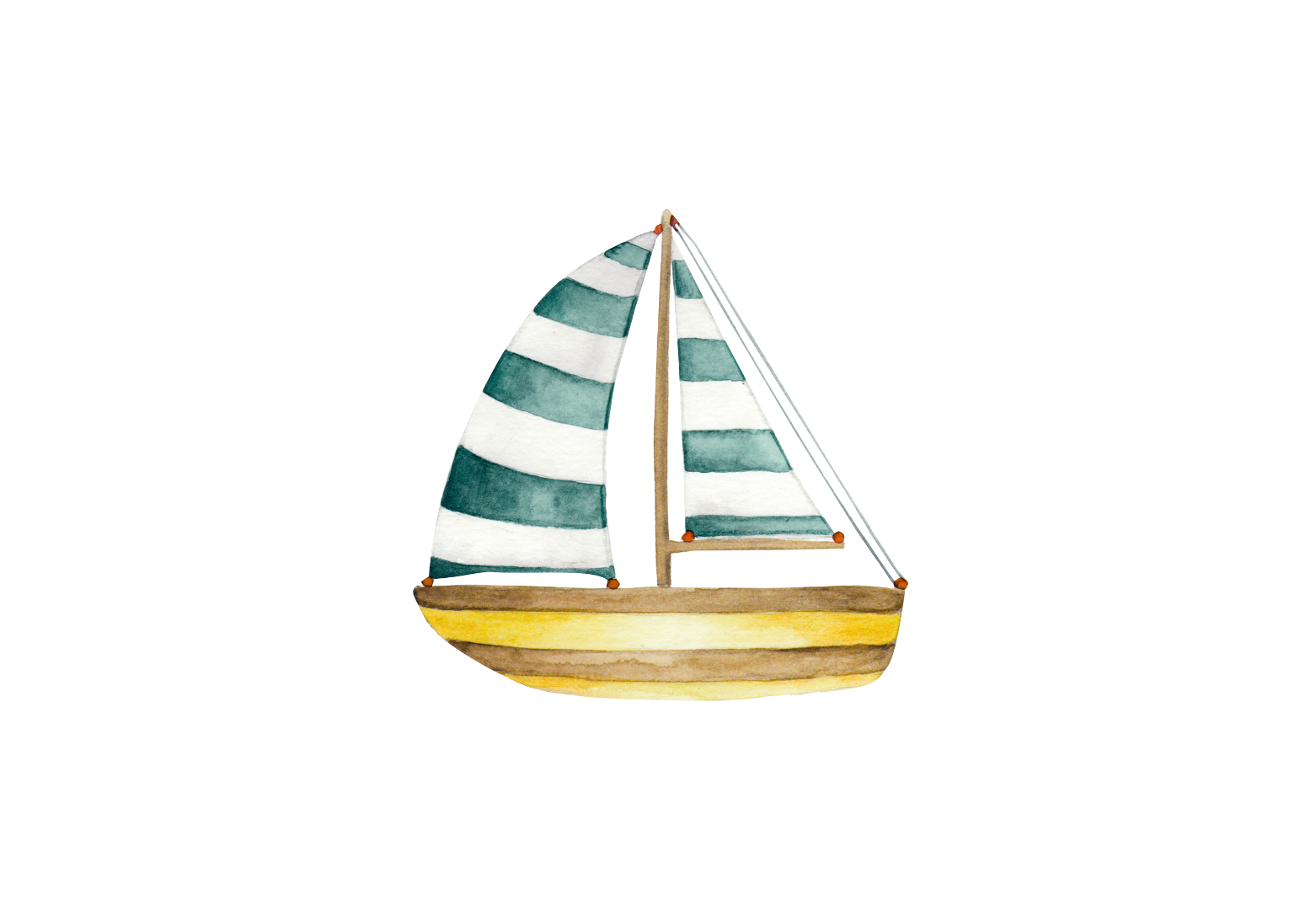 Sailboat with teal and white striped sail, yellow hull, on a white background.
