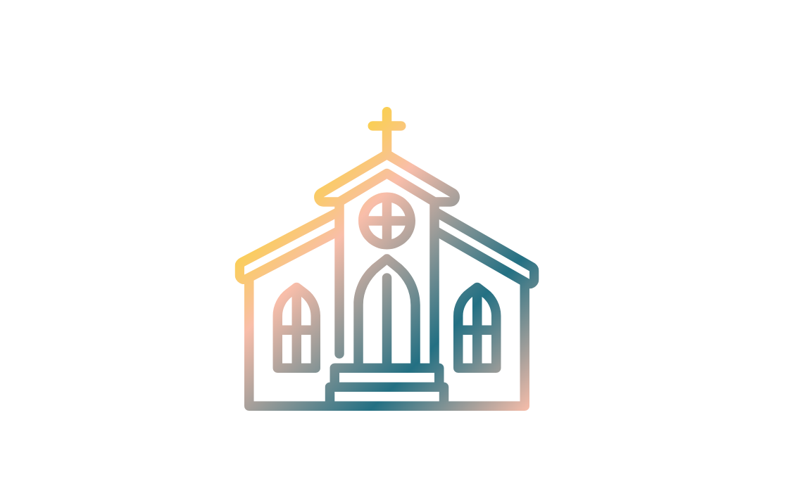 Church building with cross on top, blue-to-yellow gradient.