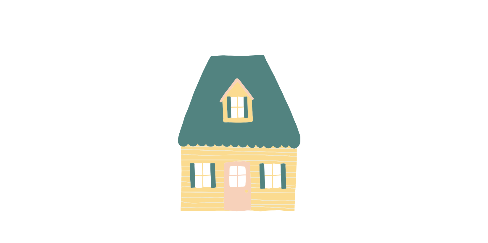 Yellow house with teal roof and shutters.