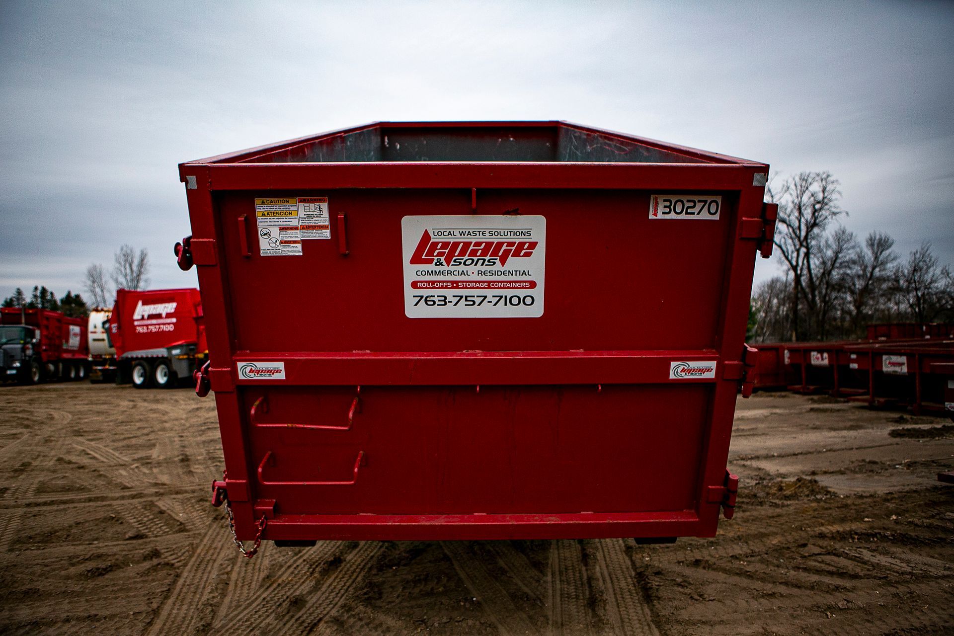 A roll-off dumpster from LePage & Sons.