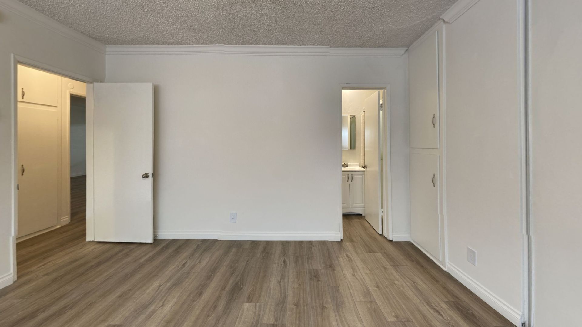 Empty room with white walls, wood-look flooring, and three doorways.